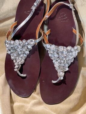b. makowsky Silver T-Strap Sandals with Clear Gem Accents